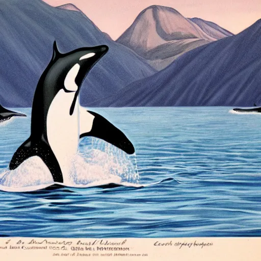 Image similar to orca swimming in a fiord, caricature, amazing details