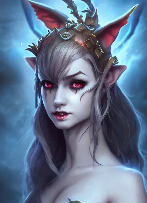 Image similar to imp demon goddess, cute elf ears, strapless dress, character portrait in the style of thomas river and artgerm, cinematic lighting, hyperdetailed, 8 k realistic, symmetrical, global illumination, radiant light,, frostbite 3 engine, cryengine, dof, trending on artstation, digital art, chanel