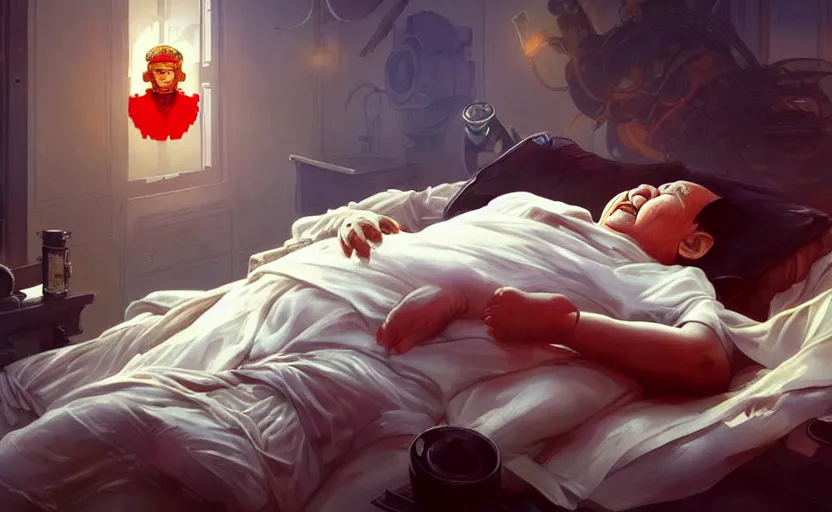Prompt: xi jinping on a deathbed next to a breathing machine, intricate, portrait, highly detailed, digital painting, artstation, concept art, smooth, sharp focus, illustration, cinematic lighting, art by artgerm and greg rutkowski and alphonse mucha