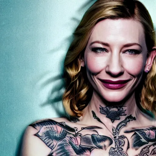 Image similar to full body tattooed cate blanchett with golden teeths 4k