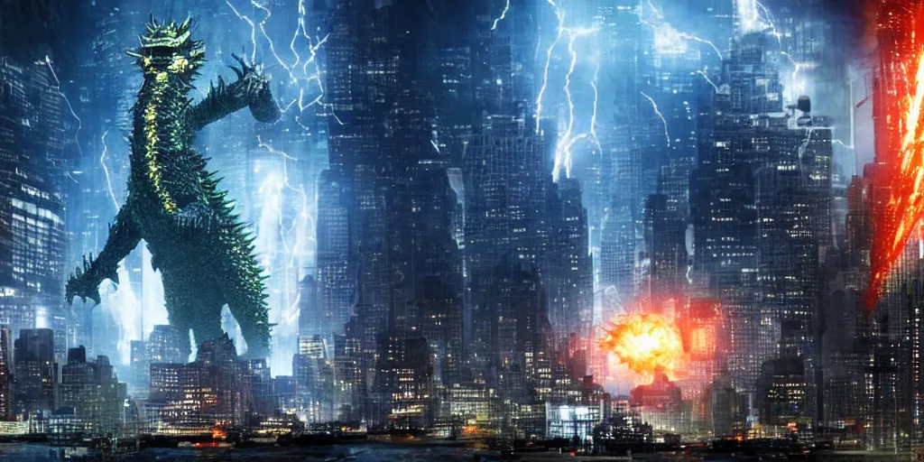 Image similar to A Cyber Kaiju Attacking new york, cinematic, Michael bay movie