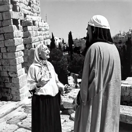 Prompt: photo of mirtha legrand talking with jesus in jerusalem in the first century