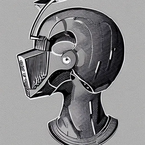 Image similar to a patent drawing of an intricate detailed vr headset from the future in the shape of a medieval knight helmet, extremely detailed alien technology vr!!! headset, with arrows and side angels