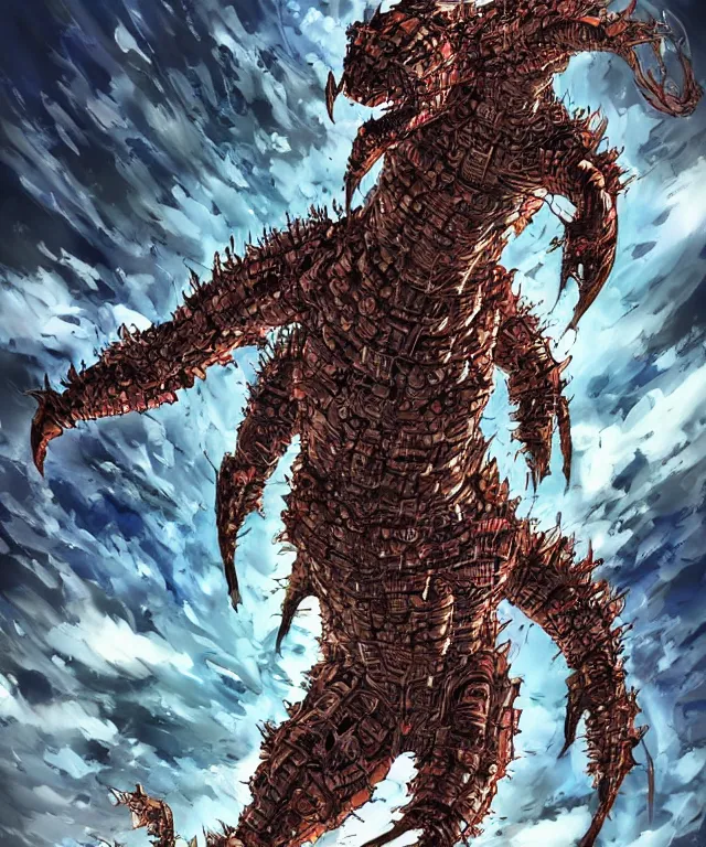 Prompt: a cyborg kaiju in the style of akira toriyama in the style of hirohiko araki in the style of tite kubo in the style of masashi kishimoto trending on artstation deviantart pinterest hyper detailed photorealistic highlights and shadow hd 8 k post - processing high resolution