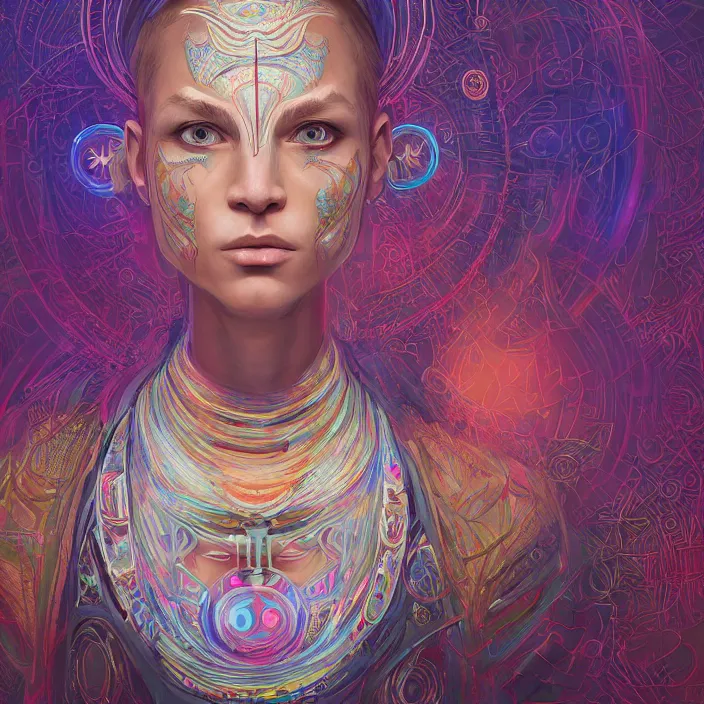 Image similar to portrait of a future metaverse ayahuasca tech shaman warrior, 2 d cartoon, visionary art, symmetric, magick symbols, holy halo, shipibo patterns, sci - fi, concept art, trending on art station, 8 k digital art, by mandy jurgens, fantasy portrait art, anime