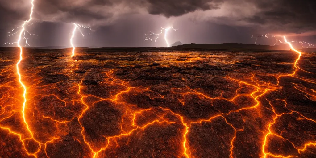 Prompt: Thunderstorm with lightning made out of lava, cinematic lighting, wide angle landscape photography, hyperrealistic, 8k