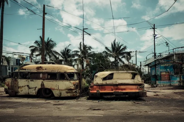 Image similar to low wide angle shot of dilapidated fallout 5 miami, tropical coastal city, desolate, dilapidated neon signs, few rusted retro futuristic vintage parked vehicles like cars, buses, trucks, trams, sunny weather, few clouds, volumetric lighting, photorealistic, daytime, spring, sharp focus, ultra detailed, 4 0 0 0 k