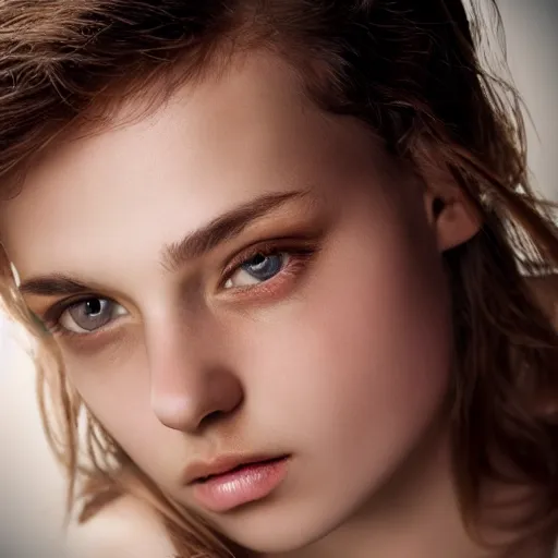 Image similar to photographic Close-up face of a extremely beautiful girl with clear eyes and light brown hair , illuminated by a dramatic light, Low key lighting, light dark, High constrast, dramatic , flash studio, norman rockwell, craig mulins ,dark background, high quality,photo-realistic, 8K,-H 704