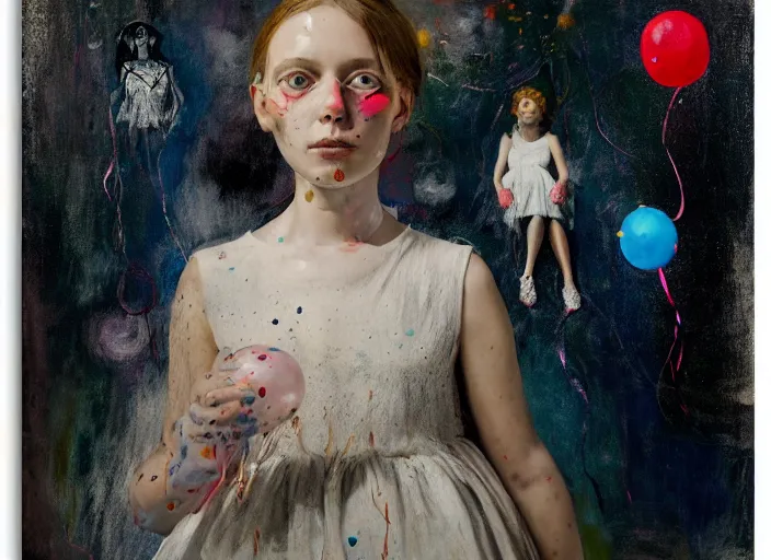 Prompt: portrait of a girl in a dress holding balloons, vincent lefevre and hernan bas and pat steir and hilma af klint, psychological, photorealistic, dripping paint, washy brush, rendered in octane, altermodern, masterpiece