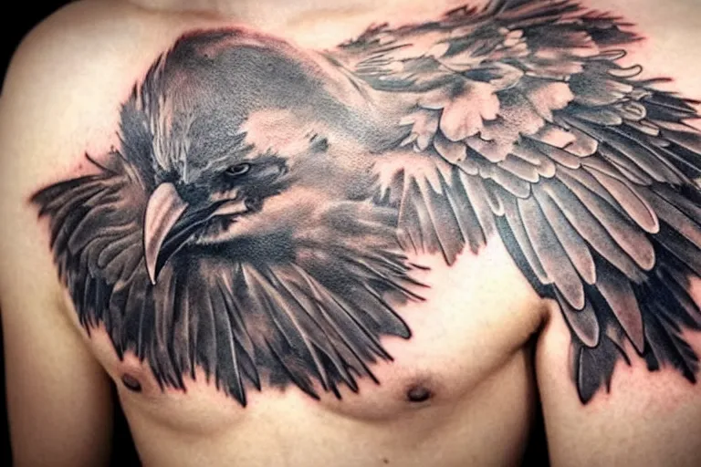 Image similar to highly detailed tattoo of a crow man