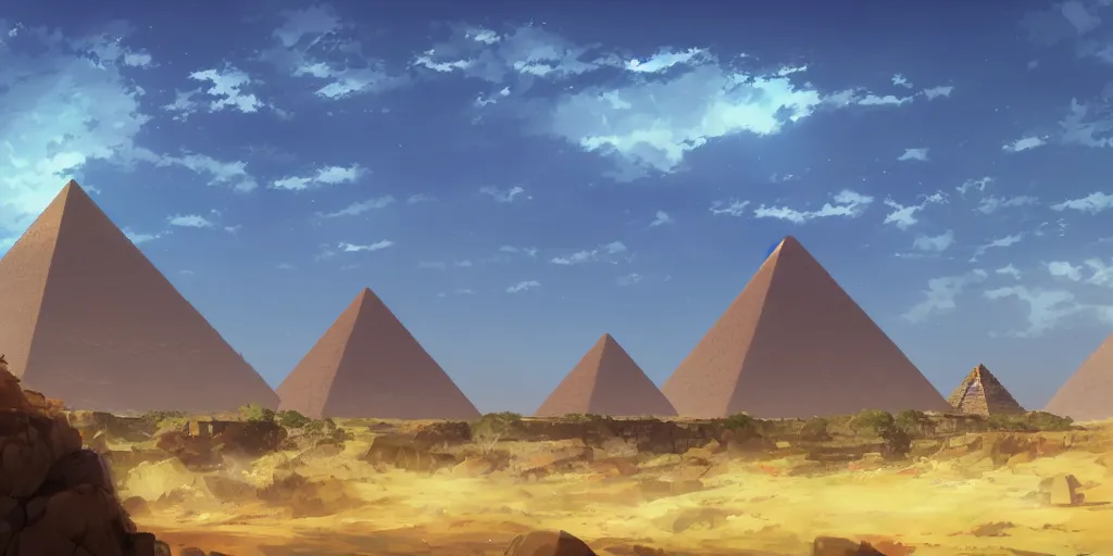 Image similar to a stunning dresert landscape with a pyramid in the distance by makoto shinkai