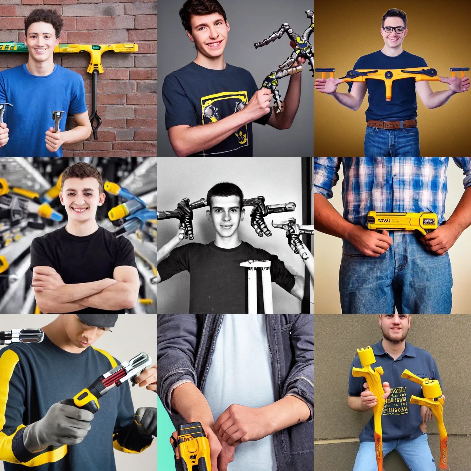Prompt: a young man with 8 arms holding multiple stanley tools