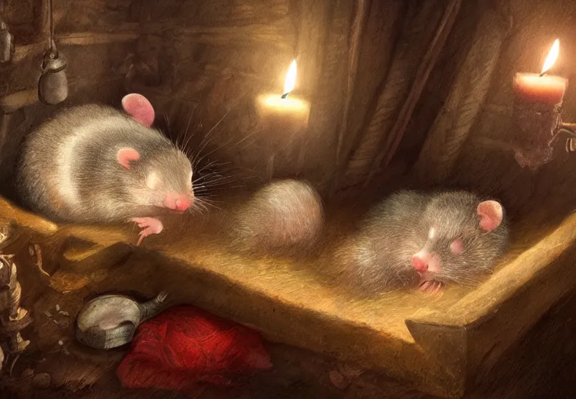 Image similar to cute possum sleeping inside a bed in a medieval cluttered cottage at night under the dim light of a candle, dark fantasy, dreaming illusion, trending on artstation