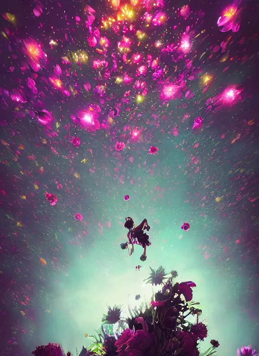 Image similar to An epic fantastic realism comic book style painting of the most beautiful spinning flowers floating into the dark and starry cosmos, exquisite bouquets, fisheye, a star implodes, unreal 5, DAZ, hyperrealistic, octane render, dynamic lighting