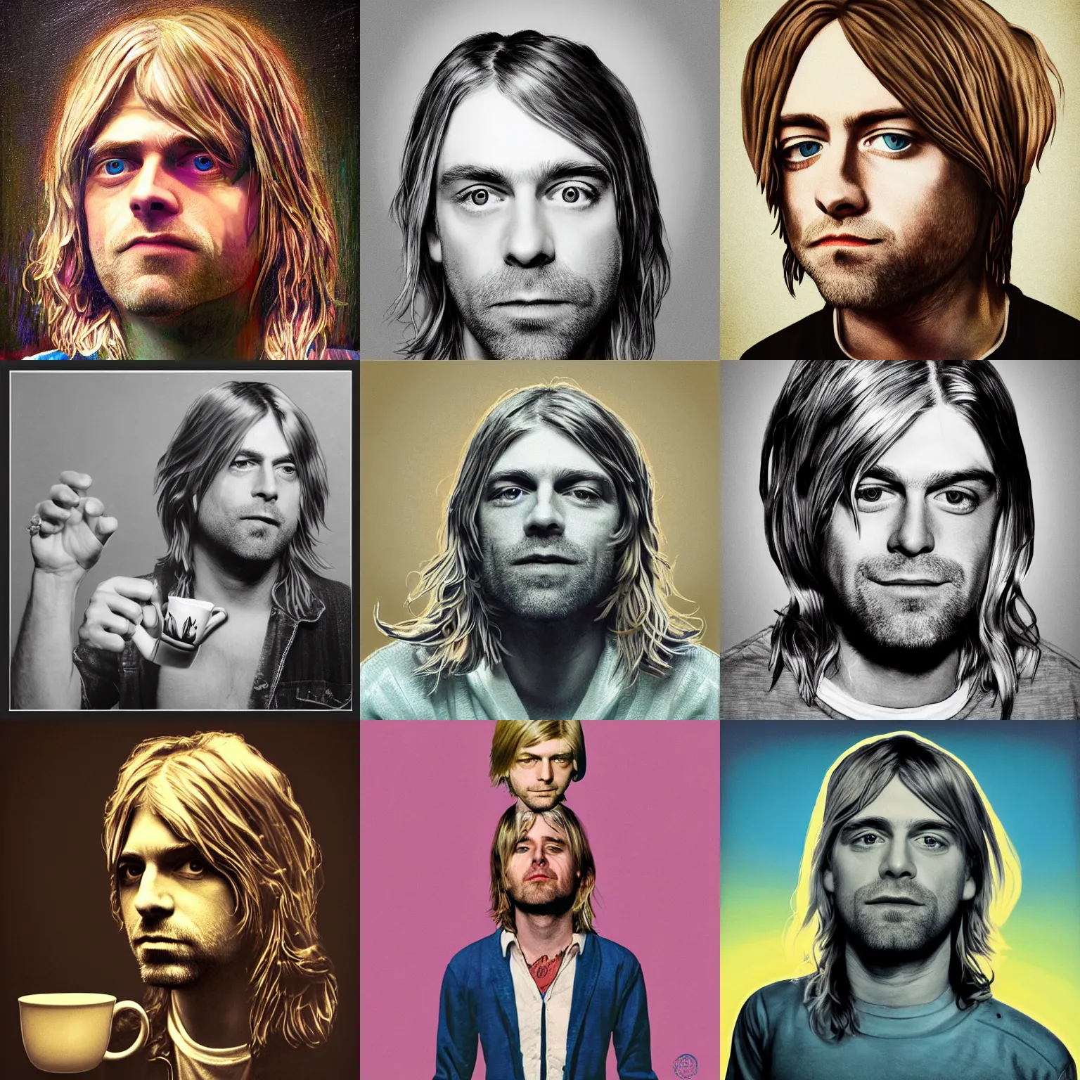 Prompt: kurt cobain as a teapot, on a stage, big eyes, portrait by greg hildebrandt, studio lighting, muted colors, by terry richardson, handmade, by beeple, ultrarelistic, extreme detail, reflections, trending on artstation, 8 k