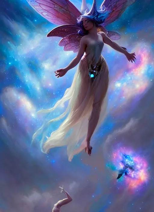 Prompt: godly fairy flying toward the sky, epic 2 8 mm, cinematography by ridley scott, highly detailed, high contrast, light reflection, trippy, nebula, trending on art station by artgem, by alex ross, by peter mohrbacher, by wlop, by ruan jia