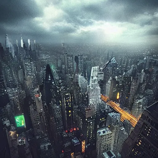 Prompt: “ looking down at a futuristic new york city below, ghostpunk, blade runner, storm clouds, rain, very detailed, realistic, 4 k ”