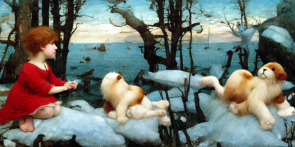 Prompt: 3 d precious moments plush animal, realistic fur, sea of ice, master painter and art style of john william waterhouse and caspar david friedrich and philipp otto runge