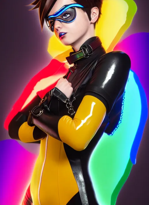 Image similar to portrait bust digital artwork of tracer overwatch, wearing iridescent rainbow latex and leather straps catsuit outfit, 4 k, expressive happy smug expression, makeup, in style of mark arian, angel wings, wearing detailed leather collar, chains, black leather harness, detailed face and eyes,