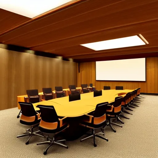 Image similar to corporate conference room interior concept design by frank lloyd wright high quality ultra realistic 8 k