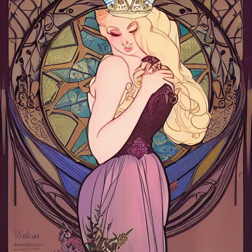 Prompt: sleeping beauty aurora with champagne. art by mucha and wlop