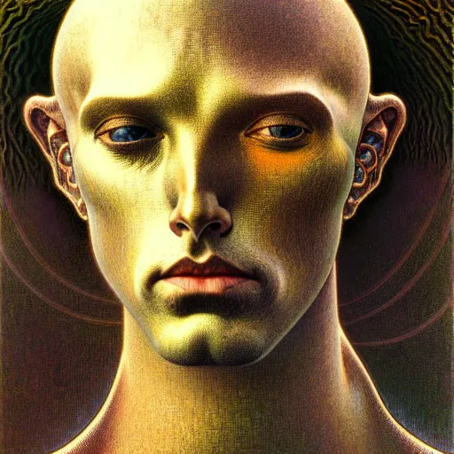 Image similar to realistic extremely detailed portrait painting of an average futuristic man by Jean Delville, Amano, Yves Tanguy, Alphonse Mucha, Ernst Haeckel, Edward Robert Hughes, Roger Dean, rich muted pastel moody colors, gold eyes