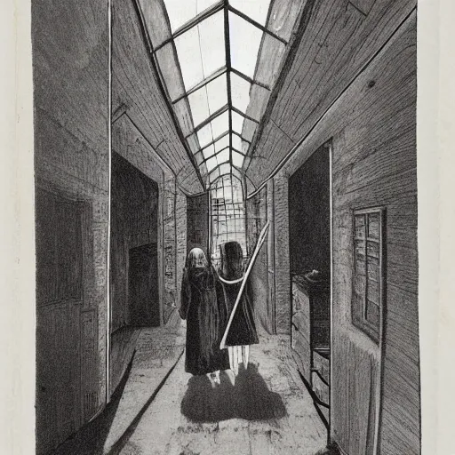 Prompt: In the corridor of an old wooden loft, six people are walking forward, the fourth woman holds an antenna in her hand and looks back to the ground, a beam of light shines on the woman through the overhead window, the man in front of her looks on she.