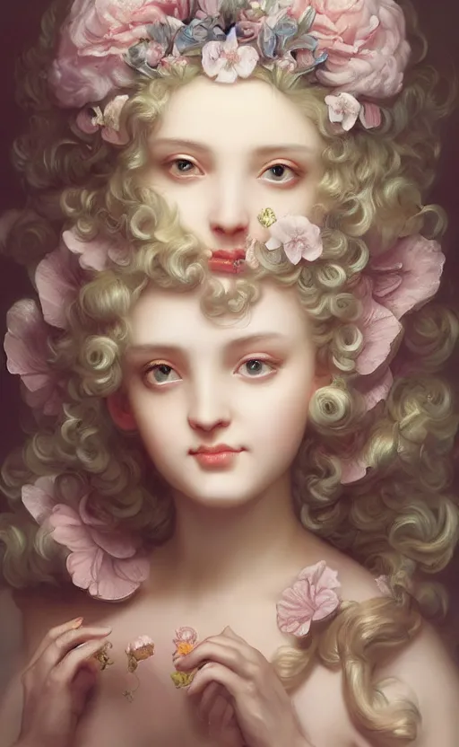 Image similar to pop surrealism, rococo, baroque hair, angelic young female seductive - fine - face, pretty face, key visual, realistic shaded perfect face, fine details by stanley artgerm lau, wlop, mark ryden, andrei riabovitchev, marc simonetti, and sakimichan, trending on artstation