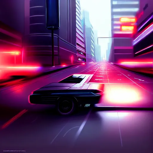 Image similar to cyberpunk dodging a moving car, highly detailed, in the style of greg rutkowski