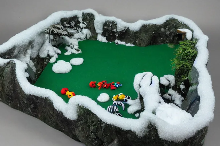 Prompt: fisher price pool table snowy jungle scene Scene from TV show 55mm