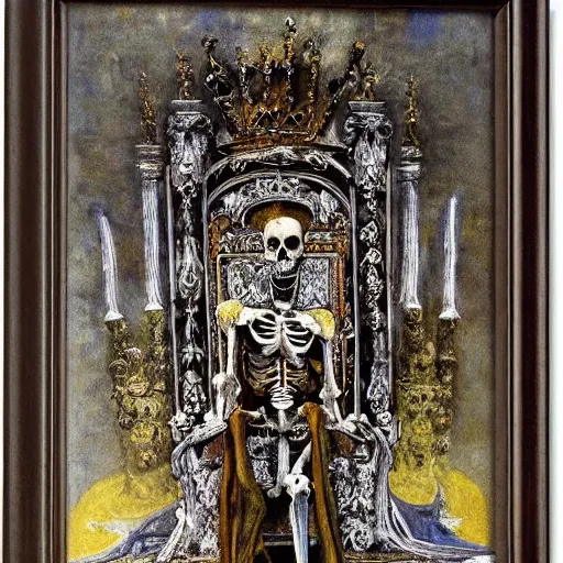 Prompt: a skeleton king, sitting on a throne, elegant, painted by Gustave Moreau