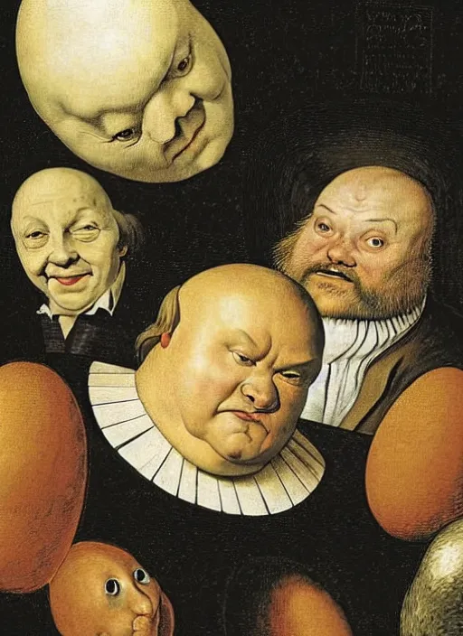 Image similar to carton of eggs with silly round humpty dumpty jack black facial expressions, realistic, by hieronymus bosch and pieter brueghel