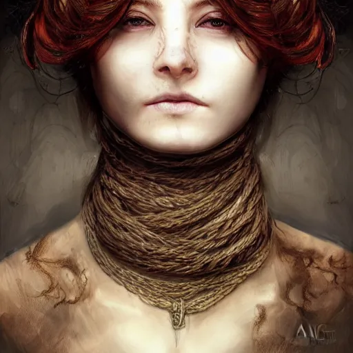 Prompt: portrait of a Shibari rope wrapped face and neck, headshot, insanely nice professional hair style, dramatic hair color, digital painting, of a old 13th century, traveler, amber jewels, baroque, ornate clothing, scifi, realistic, hyper detailed, chiaroscuro, concept art, art by Franz Hals and Jon Foster and Ayami Kojima and Amano and Karol Bak,