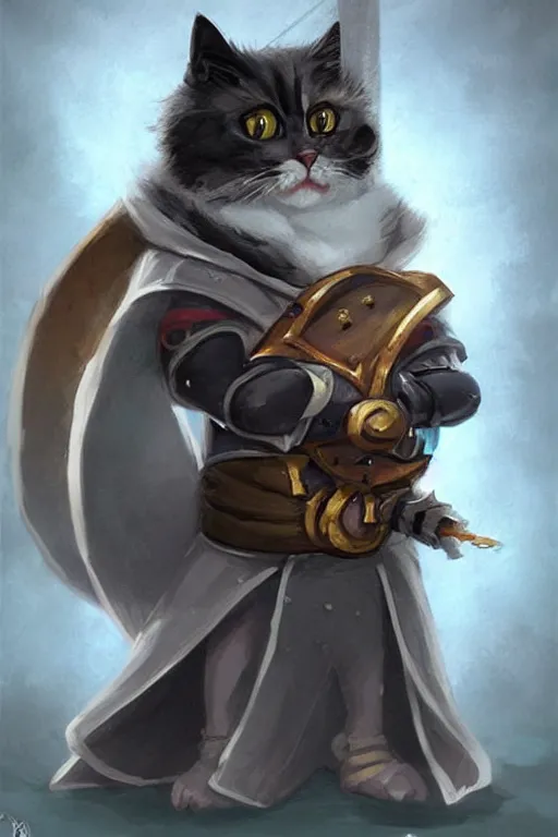 Prompt: cute anthropomorphic Tuxedo cat knight wearing a cape and a crown and holding a bow, tiny, short, pale blue armor, cute and adorable, pretty, beautiful, DnD character art portrait, matte fantasy painting, DeviantArt Artstation, by Jason Felix by Steve Argyle by Tyler Jacobson by Peter Mohrbacher, cinematic lighting