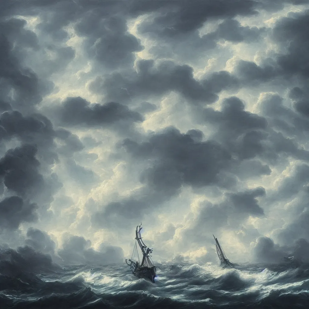 Image similar to a fantasy landscape of a kraken in a stormy sea, giant waves, lightning in the background, small boat, oil painting, 4 k