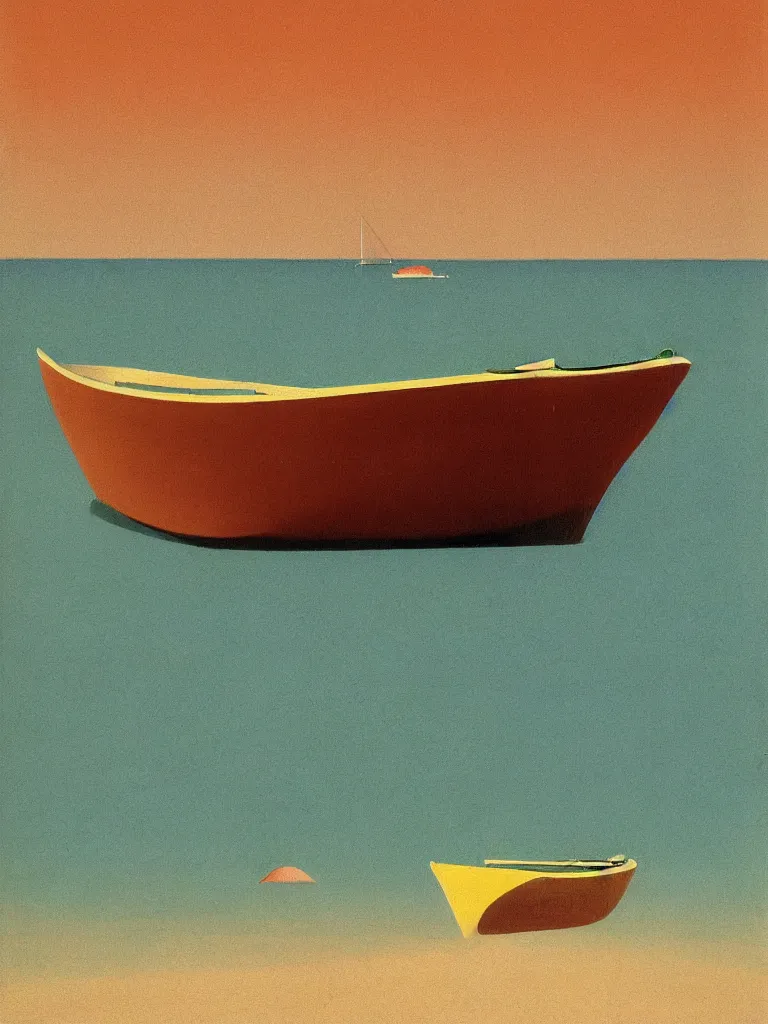 Prompt: a vintage neo retro poster of one pale orange and pale dark green boat floating on stylized water in bassin d'arcachon, a pale yellow and marron gradient sand dune in the distant background, australian tonalism, pale gradients design, matte drawing, clean and simple design, outrun color palette. Painting by Morandi, Agnes Pelton