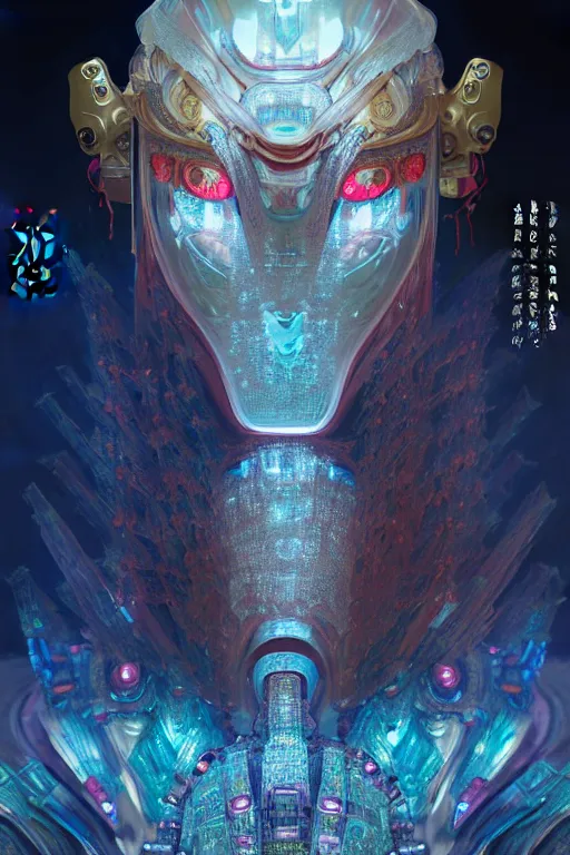 Image similar to asura from chinese myth, ghost, gorgeous and huge head ornaments, dystopian, cyberpunk, organic fractal mycelum and fungi, mecha, halfturn portrait of a big crystal face made of crystals half - turn, ominous, intricate, studio, art by anthony macbain + greg rutkowski + alphonse mucha, concept art, 4 k, sharp focus