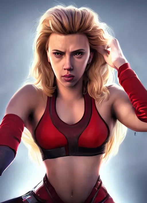 Prompt: fantasy comic book style portrait painting of an athletic Scarlett Johansson with blonde hair dancing, unreal 5, DAZ, hyperrealistic, octane render, cosplay, RPG portrait, dynamic lighting