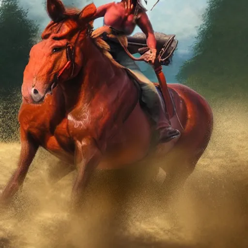 Prompt: Red ogre riding a horse, realistic, HD,