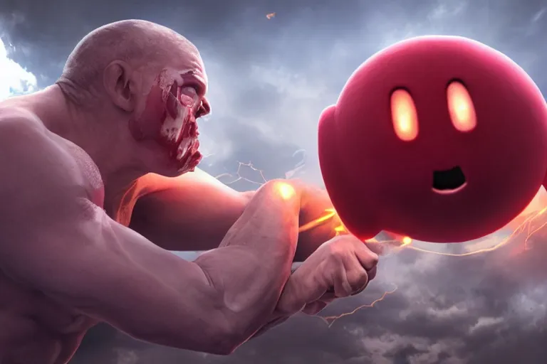 Prompt: a photo of an injured man fighting a giant kirby, photorealistic, bloody, 8 k