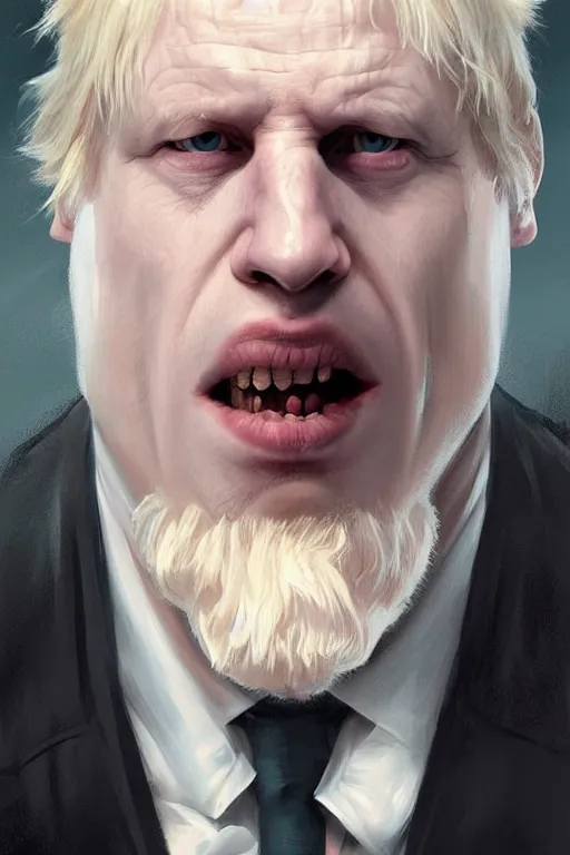 Image similar to Boris Johnson as Lord Voldemort without nose, Boris Johnson hairstyle, masculine figure, highly detailed, digital painting, artstation, concept art, smooth, sharp focus, illustration, cinematic lighting, art by artgerm and greg rutkowski and alphonse mucha