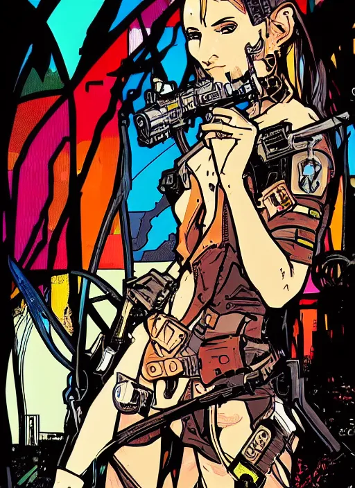 Image similar to maria. cyberpunk mercenary in scenic setting. portrait illustration, pop art, splash painting, art by ashley wood, alphonse mucha, laurie greasley and josan gonzales