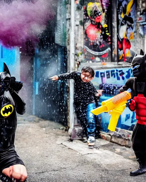 Image similar to happy batman firing super soaker water gun at playful criminals in an alleyway, everyone having fun, product advertisement, photography