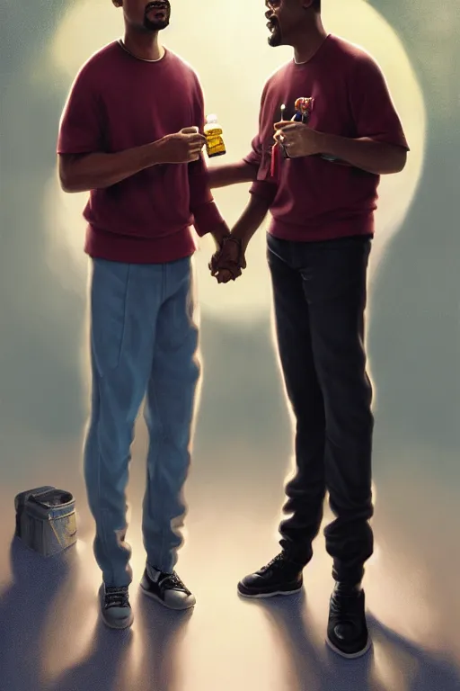 Prompt: Will Smith and Chris Rock With A Goatee As Short Midgets Holding Hands And Blowing Bubbles, illustration, soft lighting, soft details, painting oil on canvas by Edmund Blair Leighton and Charlie Bowater octane render, HDR, trending on artstation, 4k, 8k, HD