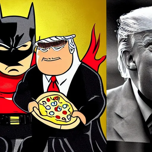 Prompt: Batman eating pizza, with Donald Trump, photograph, candid photo