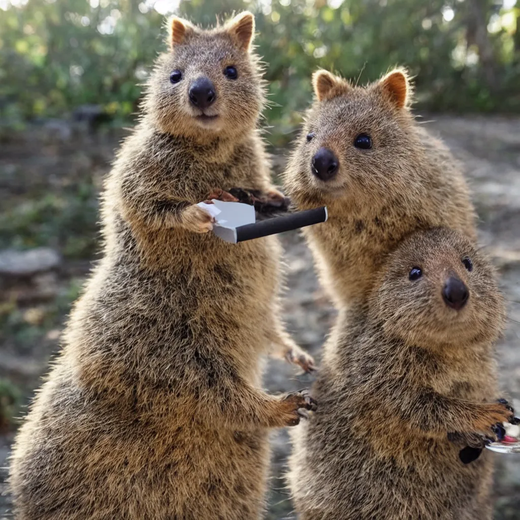 Prompt: happy quokka taking a smoking a joint and eating candy, golden hour, ultra realistic