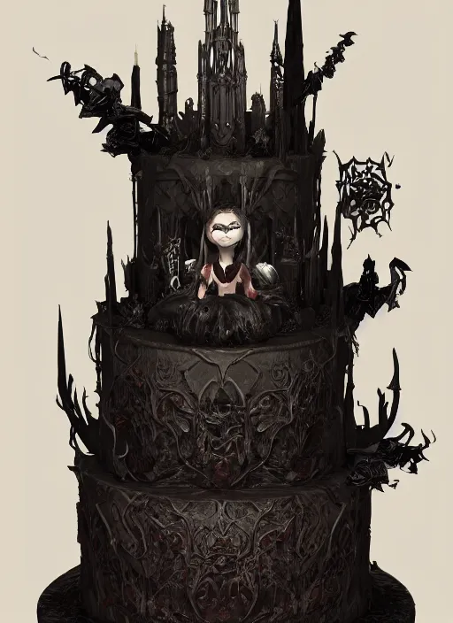 Image similar to a portrait of a gothic dark fantasy cake with wizards and valkyries on it, au naturel, hyper detailed, digital art, trending in artstation, cinematic lighting, studio quality, smooth render, unreal engine 5 rendered, octane rendered, art style by pixar dreamworks warner bros disney riot games.