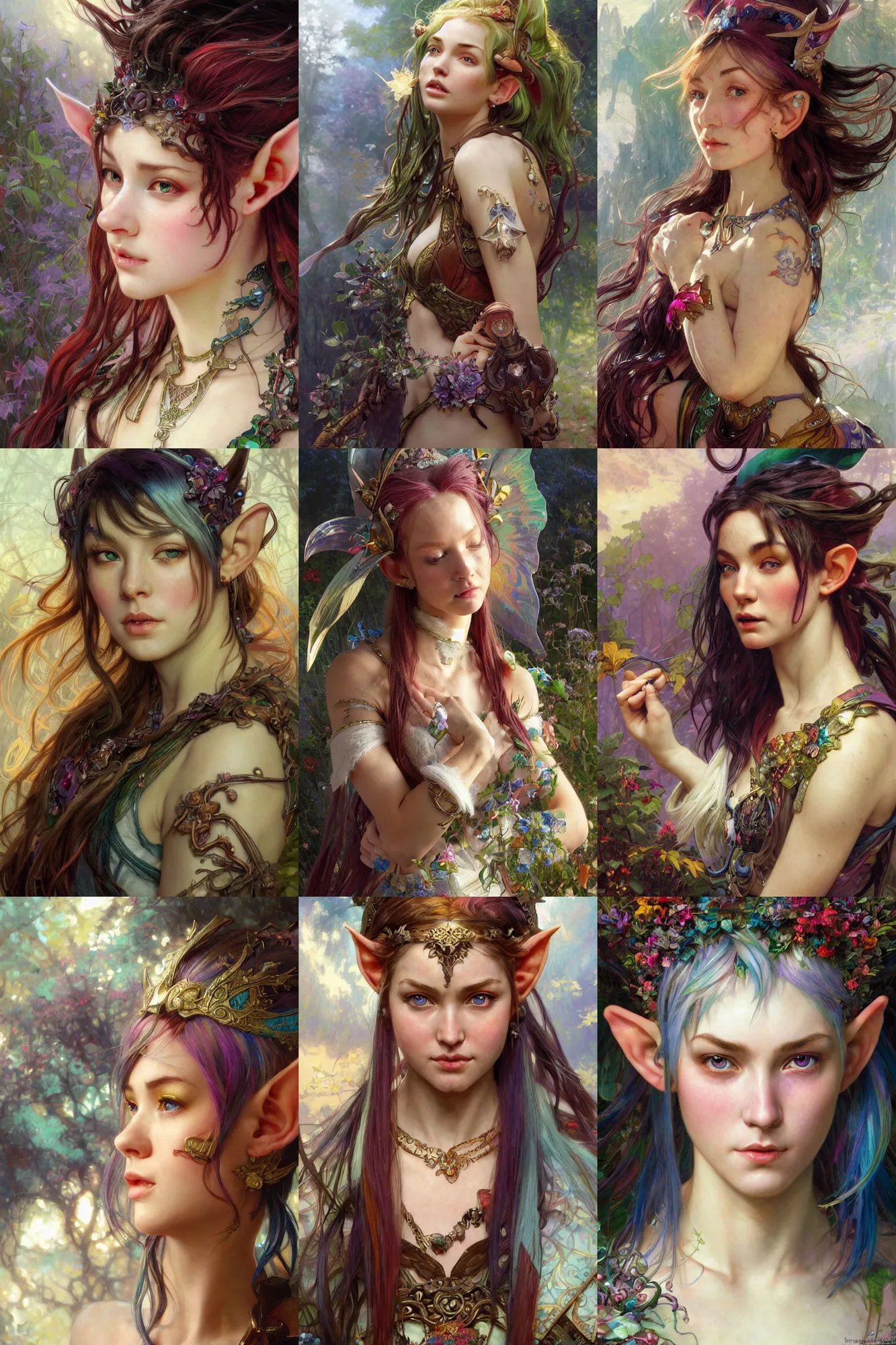 Prompt: closeup hyper-realistic portrait of beautiful high-fantasy elf girl (rainbow hair), intricate details, by Stanley Artgerm Lau, by greg rutkowski, by thomas kindkade, by alphonse mucha, loish, by norman rockwell J.