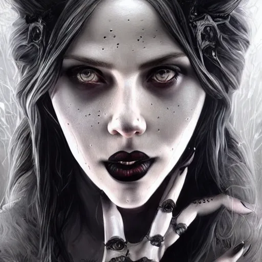 Prompt: detailed portrait of scarlett johansson as a cute undead goth girl, beautiful, fantasy, intricate, elegant, highly detailed, digital painting, artstation, concept art, matte, sharp focus, illustration, art by aenaluck, artgerm and roberto ferri and greg rutkowski, epic fantasy, digital painting