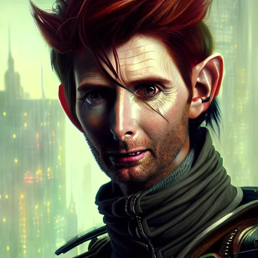 Image similar to portrait painting of a cyberpunk elf mercenary redhead david tennant, ultra realistic, concept art, intricate details, eerie, highly detailed, photorealistic, octane render, 8 k, unreal engine. art by artgerm and greg rutkowski and charlie bowater and magali villeneuve and alphonse mucha